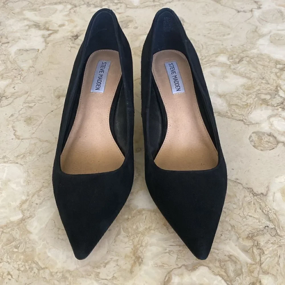 Steve Madden Sabrinah Sleek Black Suede Leather Kitten Heel Pointed Toe Pumps - Picture 4 of 12